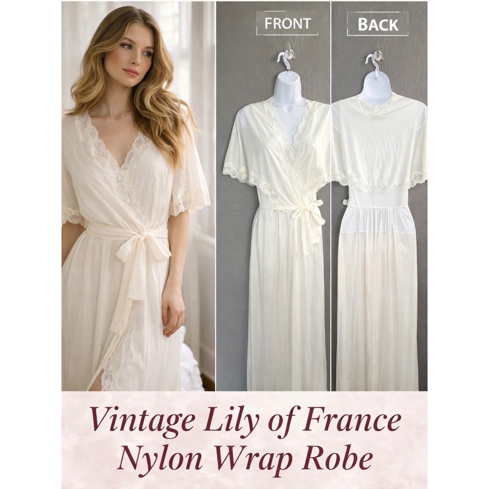VTG 70's Lily of France Peignoir White MED Bride Romantic Lingerie USA Lace MAXI
